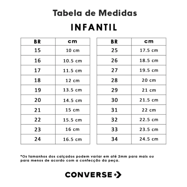 Tênis All Star Infantil - Tabela de Medidas