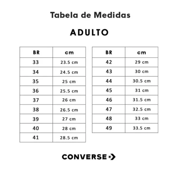 Tênis Converse All Star Adulto - Tabela de Medidas