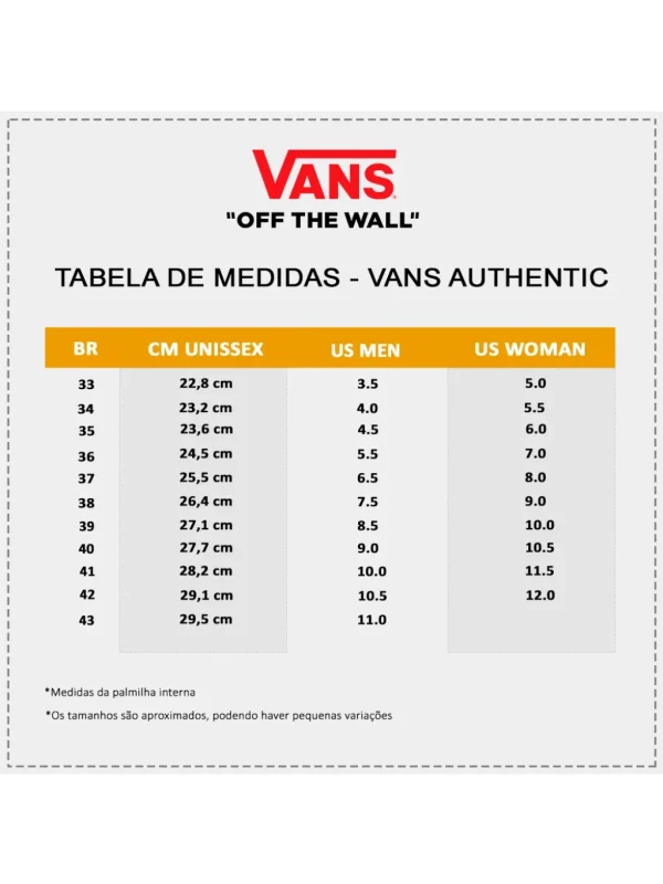 Tabela Medida VANS Authentic